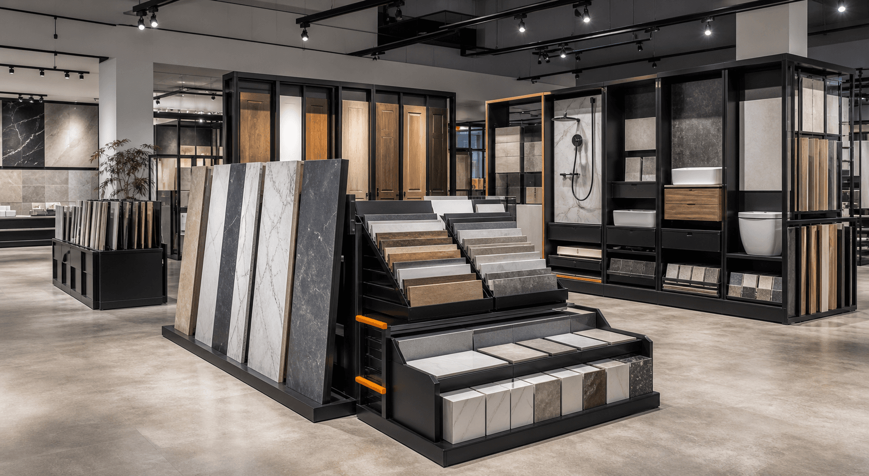 Modern industrial showroom display fixtures for building material samples